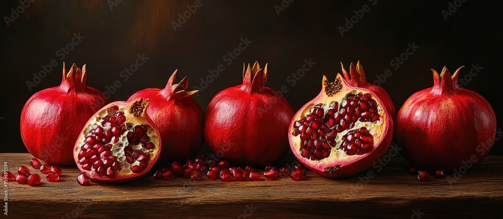 Aufkleber A collection of fresh ripe pomegranates on a rustic wooden table with one pomegranate split open to reveal its seeds. with copy space image. Place for adding text or design