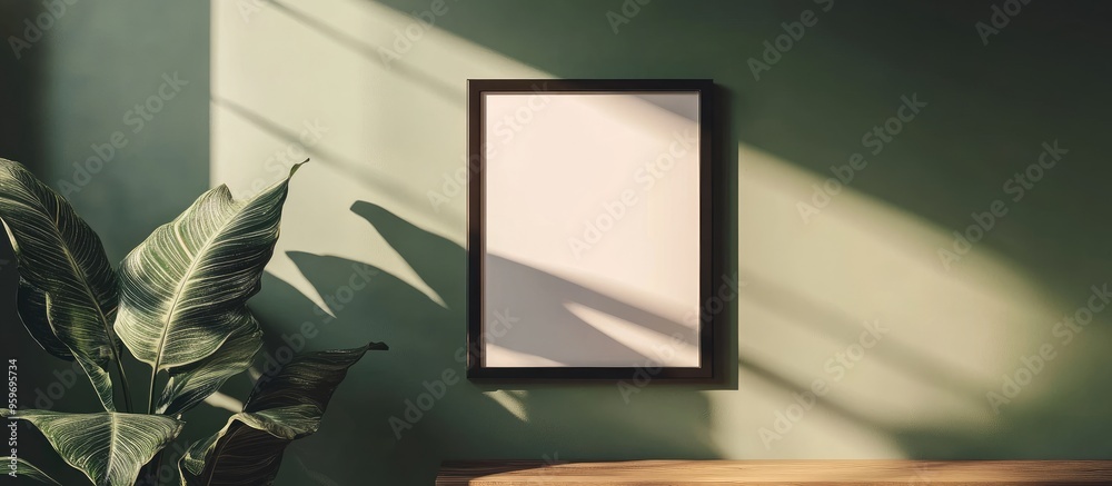 Fototapete Photo frame mockup displayed on a wall with a shadow Minimalist backdrop Empty picture frame mockup in a living room setting. with copy space image. Place for adding text or design