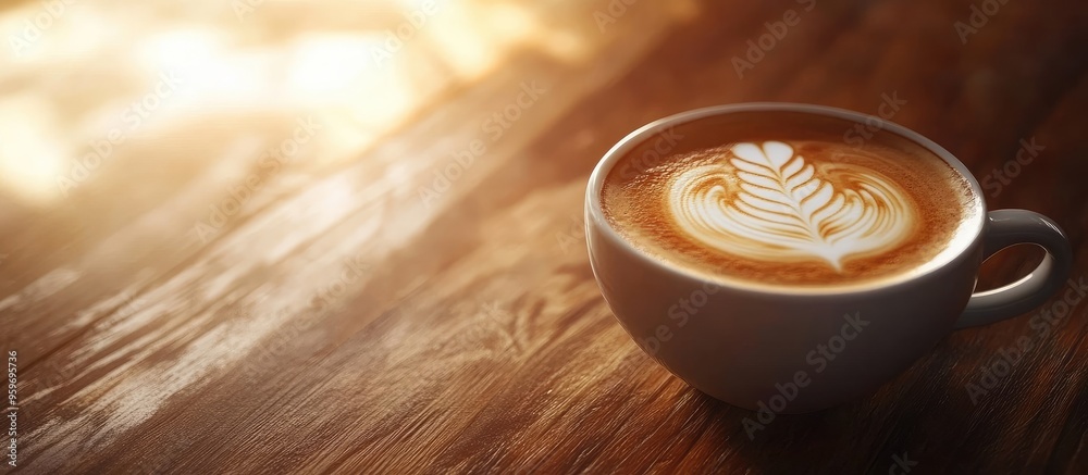 Poster Close up of latte art in hot coffee on a wooden table. with copy space image. Place for adding text or design