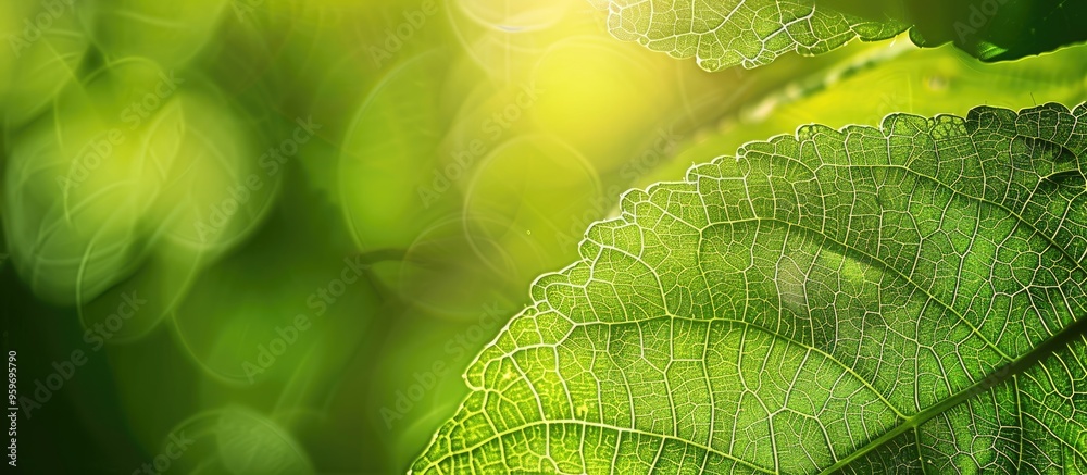 Poster close up of a green leaf with a blurred greenery background providing copy space suitable for a natu