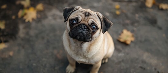 Fototapeta premium Adorable pug dog sitting on the ground From above the cute pug sits in the park and looks away. with copy space image. Place for adding text or design