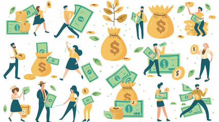 Tiny people with money. Budget elements, different poses persons, woman waters money tree, man rolls large coin, holding bill, millionaire on full bags, businessman with cash, vector set
