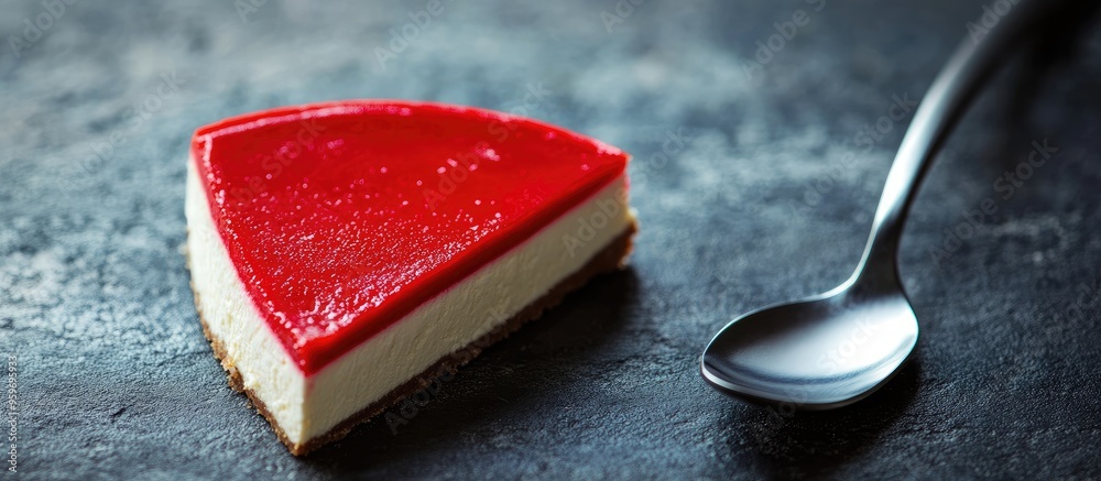 Fototapete red cheesecake and a piece on a spoon. with copy space image. place for adding text or design