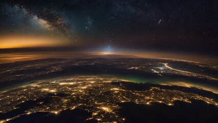 Fototapeta premium A view of Earth from space, showing city lights and the Milky Way.