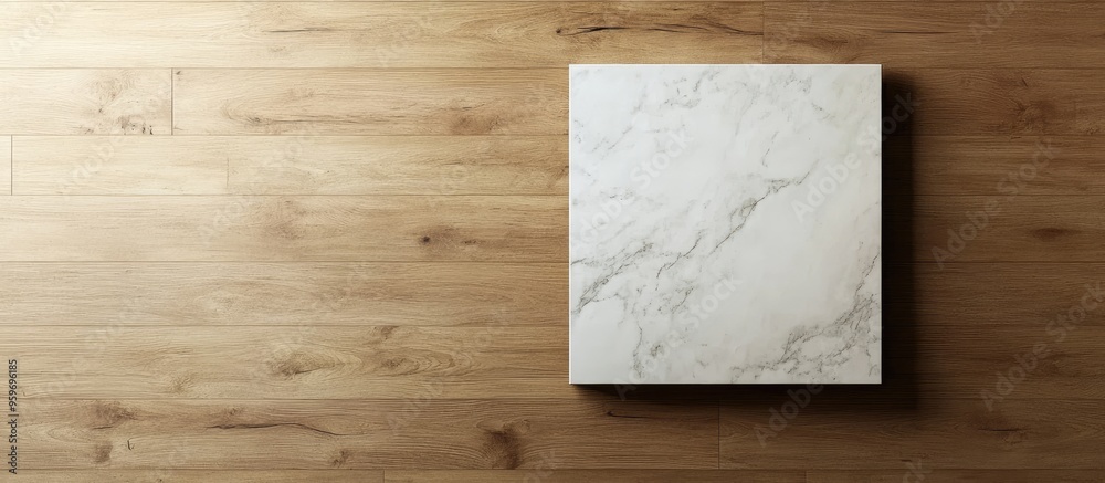 Fototapete light gray square marble sign suspended on a brown horizontal plank wall or it can be viewed as a ma