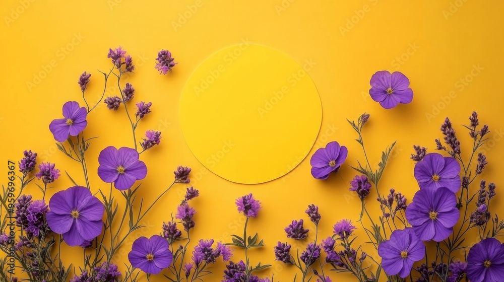 Canvas Prints Purple flowers on a yellow background