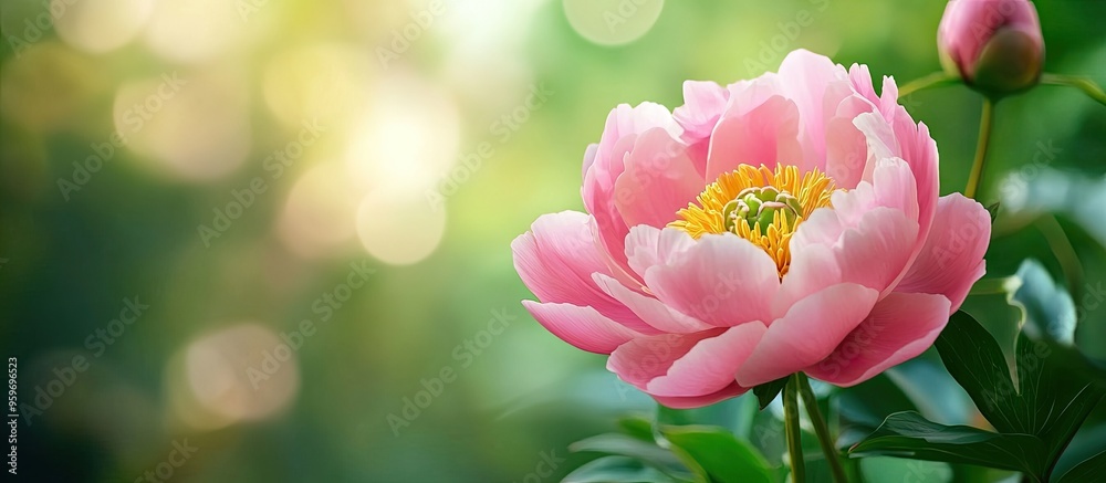 Poster pink peony flower against a green blurred backdrop of leaves natural setting close up view top view 