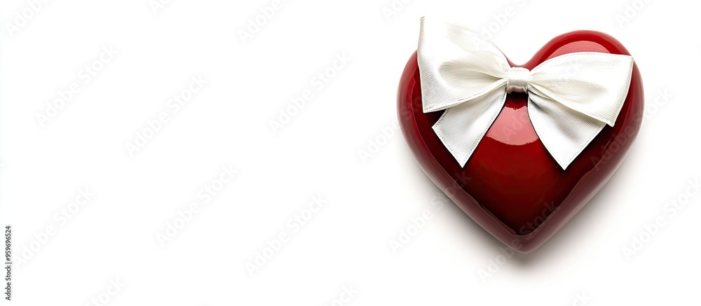 Leinwandbilder red heart adorned with a white satin bow and highlights made of ceramic set against a white backgrou
