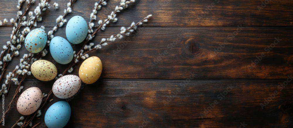 Poster Easter eggs and a willow branch on a wooden backdrop Layout includes space for your text. with copy space image. Place for adding text or design