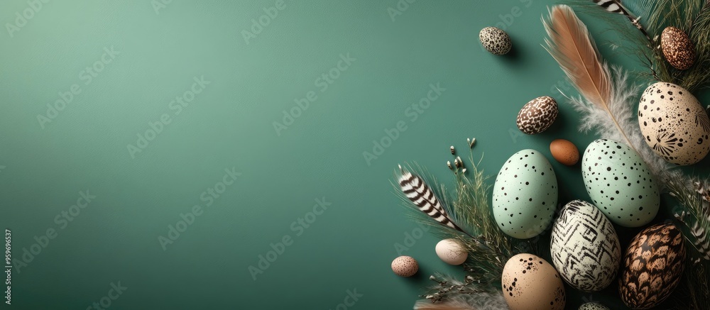 Fototapete Banner featuring Easter eggs and feathers on a green background Long banner format top view. with copy space image. Place for adding text or design