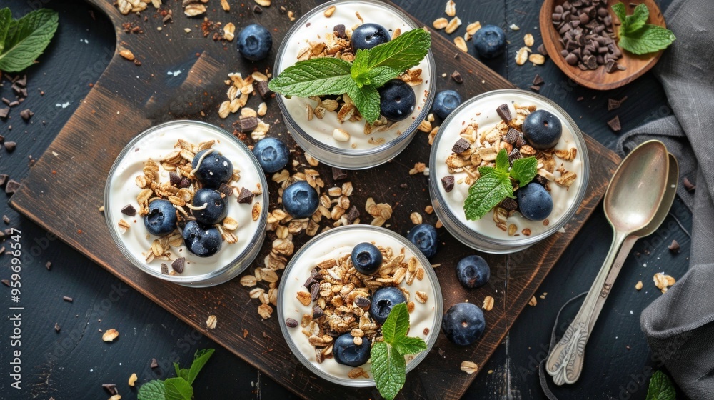 Sticker Delicious yogurt parfaits topped with fresh blueberries and mint. These healthy snacks are perfect for breakfast or dessert. Enjoy a simple, tasty treat for any time of the day. AI