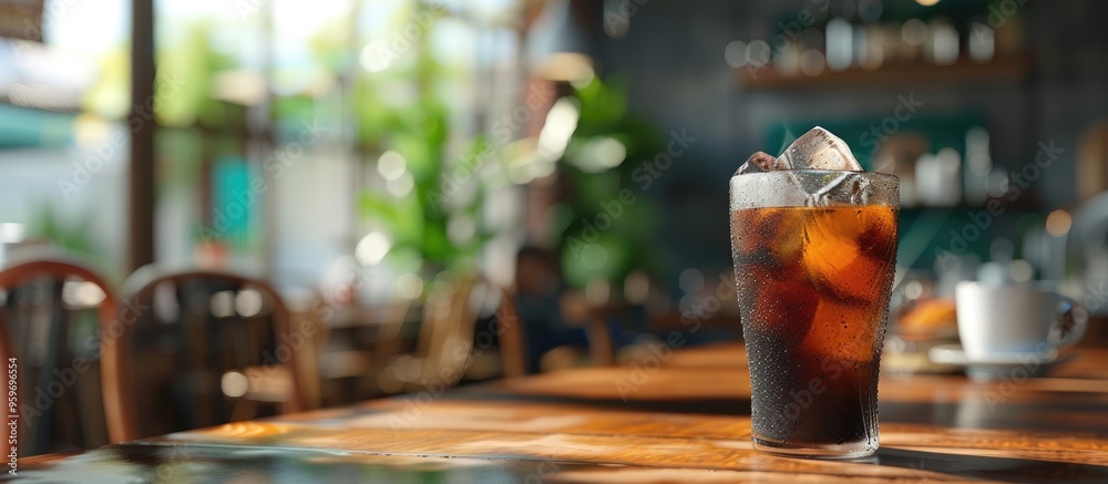 Poster Iced black coffee on a table in a cafe. with copy space image. Place for adding text or design
