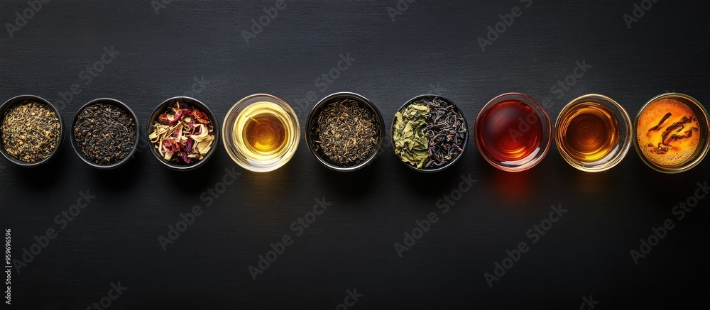 Aufkleber Flat lay arrangement featuring various dry teas and a hot drink on a black table Area for text. with copy space image. Place for adding text or design
