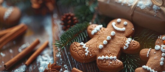 Christmas Gingerbread Cookie Man with hot chocolate cinnamon and a Christmas tree branch close up including easily removable sample text