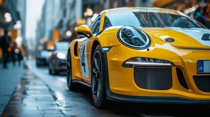 Fototapeta premium Yellow sports car on city street