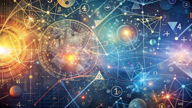 Abstract cosmic educational background with mathematical and scientific elements in vibrant colors and patterns
