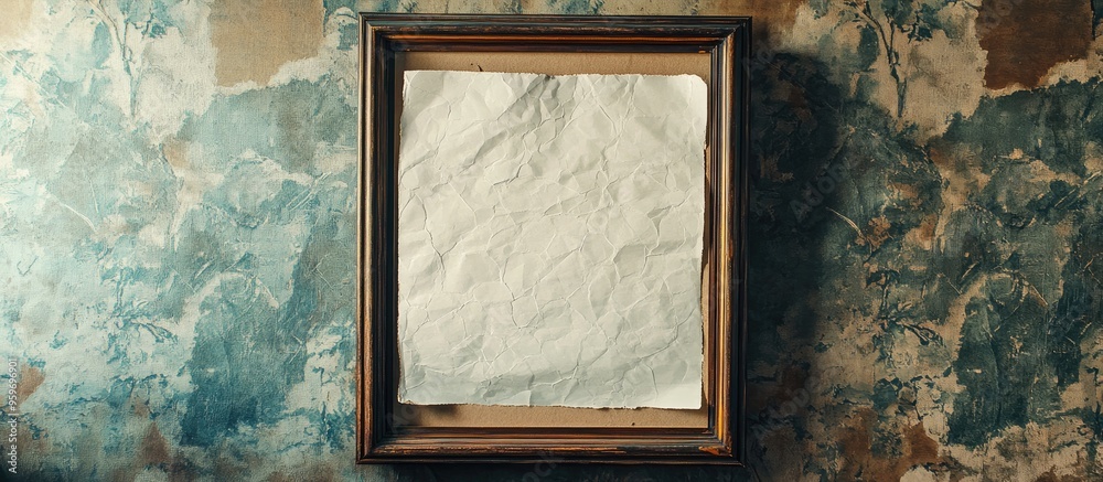 Poster worn wrinkled paper in a dilapidated wooden frame mounted on a vintage wallpaper wall. with copy spa