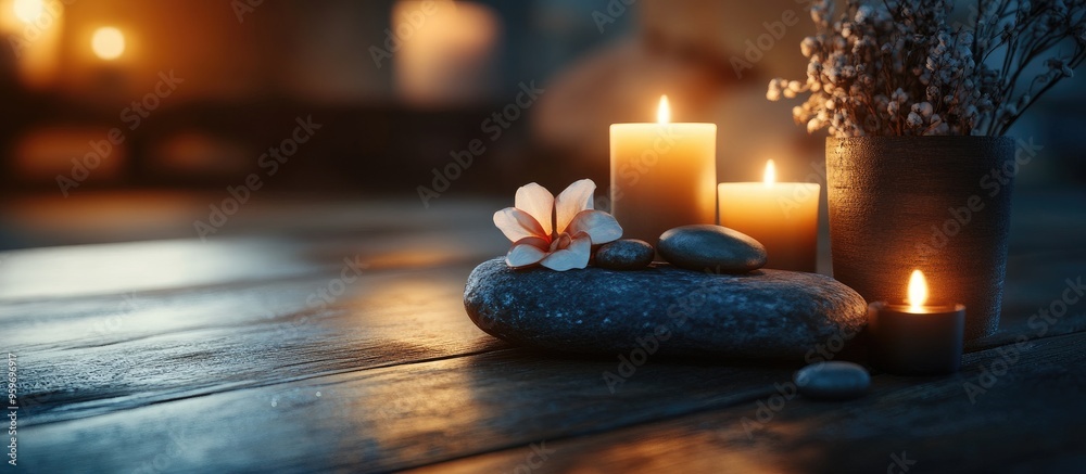 Poster Beautiful arrangement of candles and spa stones on a wooden surface. with copy space image. Place for adding text or design