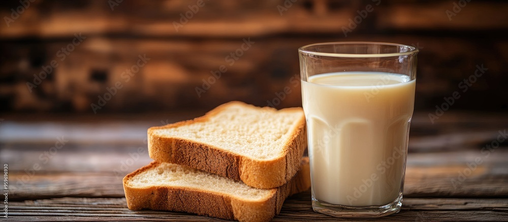 Fototapete dry rusk bread and a glass of milk set against a wooden background healthy breakfast option. with co