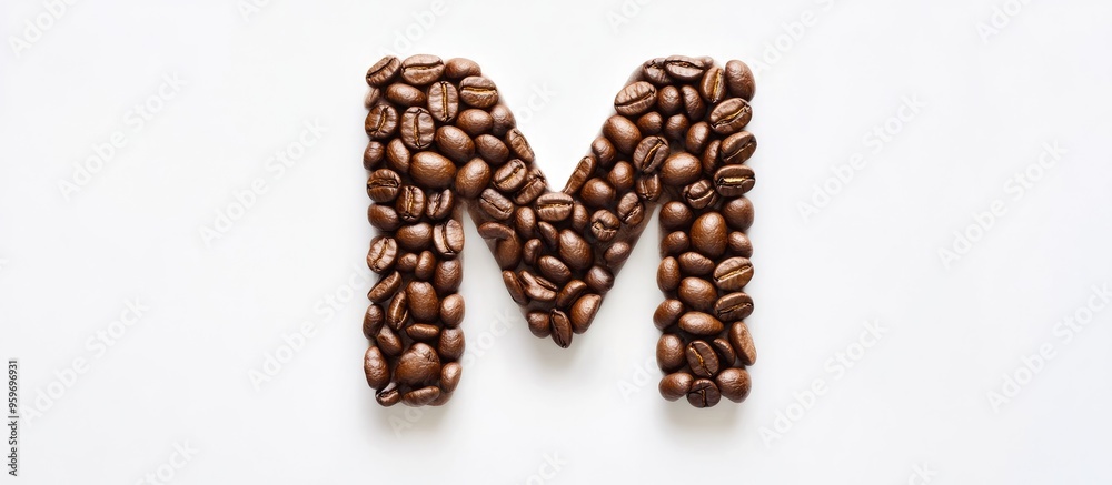 Aufkleber The letter m formed from roasted coffee beans on a white background from a top view can be used for your messages. with copy space image. Place for adding text or design