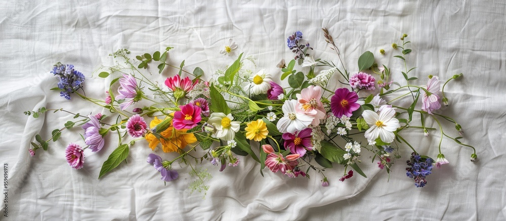 Poster Bouquet of wildflowers on a gray linen backdrop top view Vintage style. with copy space image. Place for adding text or design