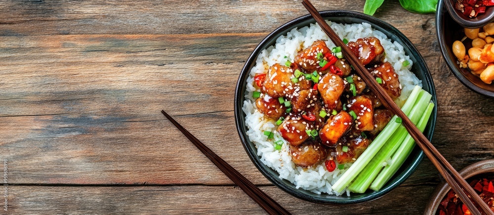 Aufkleber grilled deep fried pork belly in a bowl with rice celery chili pepper and spring onion with chopstic