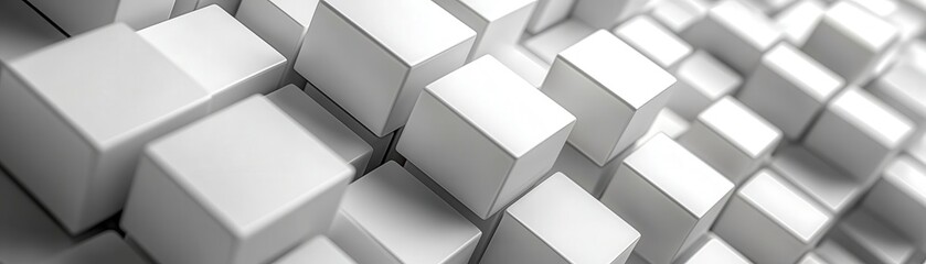 Dynamic 3D white squares, staggered depth, sharp contrast, reflective surfaces. Abstract and Minimalistic Design Backgrounds