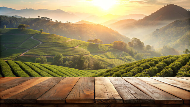A warm sunrise illuminates the rolling terraced hills, casting a golden hue over the verdant landscape while creating a peaceful ambiance in the early morning