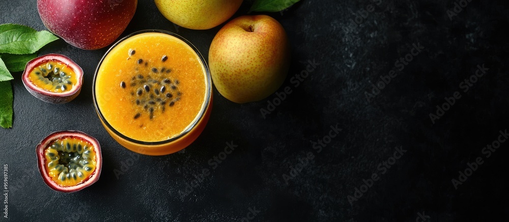 Aufkleber A glass of fresh fruit juice with seeds on a black background alongside a ripe yellow apple and chunks of passion fruit Top view flat lay. with copy space image. Place for adding text or design
