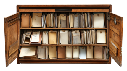 Wooden filing cabinet with organized papers and folders.