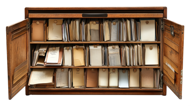 Wooden filing cabinet with organized papers and folders. - Powered by Adobe