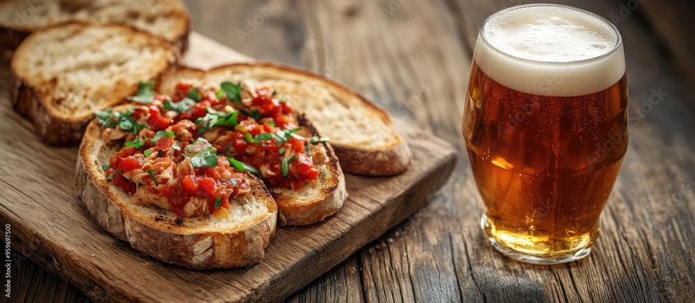 Poster tapas a few toasted bread slices topped with canned tuna in tomato sauce accompanied by a glass of c