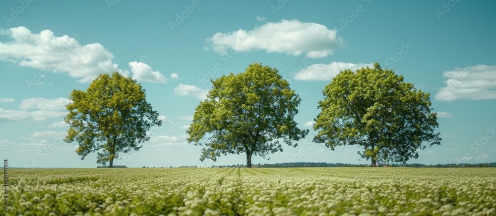 Aufkleber Trees positioned in a buckwheat field under a blue sky. with copy space image. Place for adding text or design