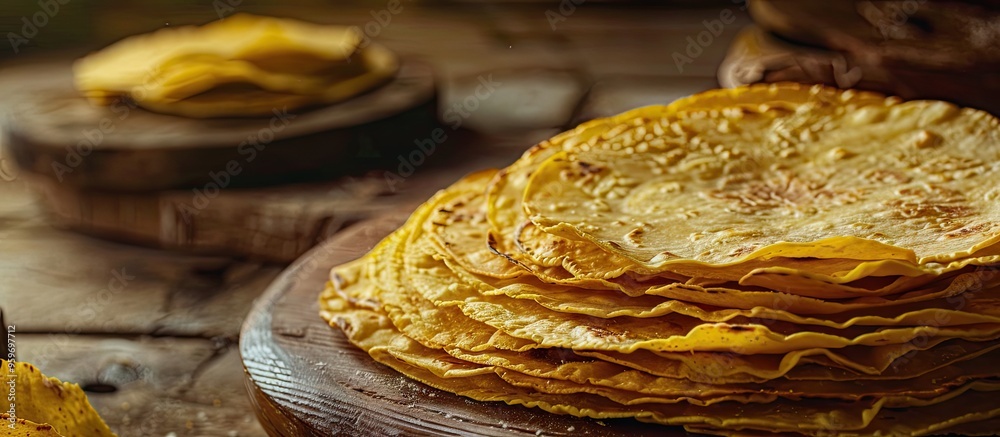 Poster a pile of corn tortillas set against a white background. with copy space image. place for adding tex
