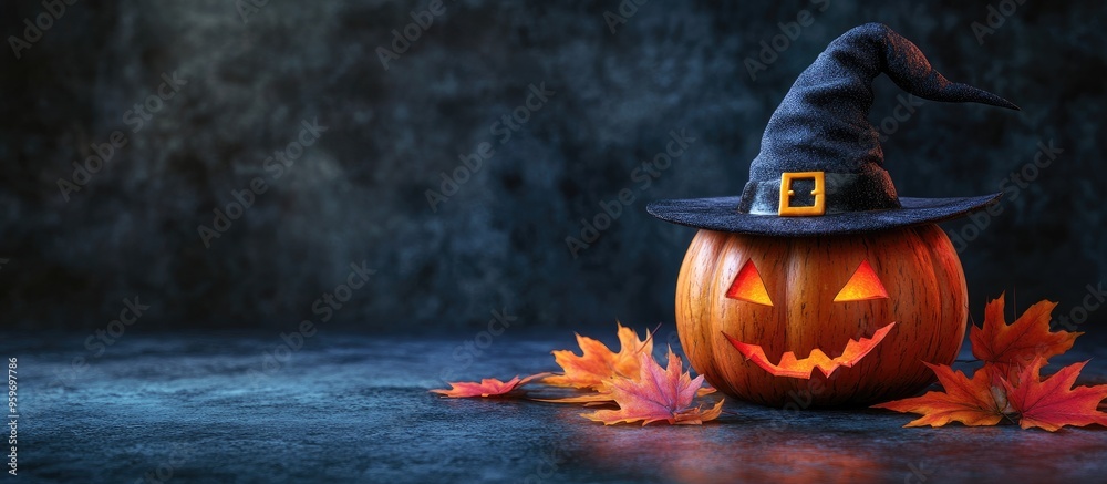 Poster A pumpkin donning a Halloween witch hat with maple leaves against a dark background. with copy space image. Place for adding text or design