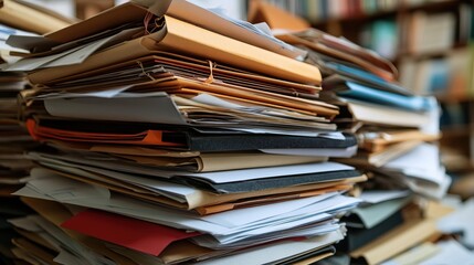 Obraz premium Cluttered stack of documents in an office setting.
