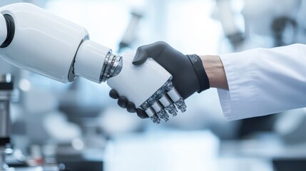 Human and Robot Handshake Symbolizing Collaboration and Future Technology in a Modern Laboratory Setting