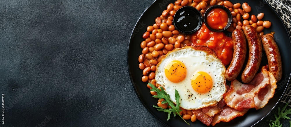 Poster english breakfast featuring fried eggs beans bacon and sausages flat lay from above with copyspace
