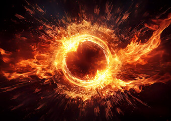 Fototapeta premium Burning fire circle and black background. fiery explosion background.
