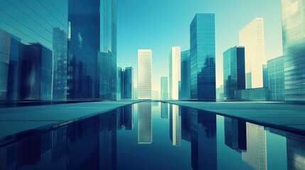 Modern Urban Skyline with Reflective Glass Buildings and Clear Blue Sky in a Futuristic Cityscape