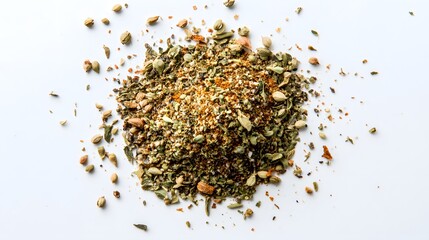 Za'atar spice ingredient on a white backgroundready for cooking with. A vibrant pile of assorted dried spices and herbs scattered on a white surface, showcasing rich textures and earthy colors. 