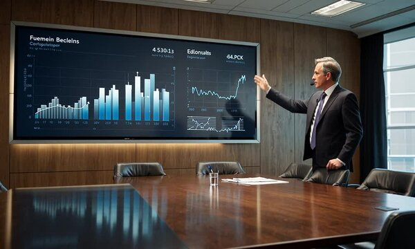 A candid moment of a CFO presenting quarterly financial results to the board in a high-end conference room, with a large screen showing detailed graphs and charts behind them