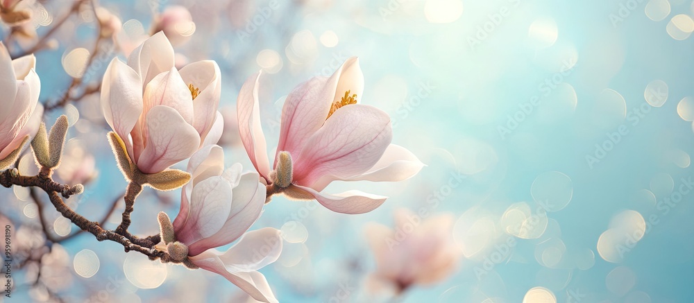 Aufkleber Blossoming magnolia branches in soft focus macro against a bright blue sky providing copy space A floral spring backdrop of nature Spring flowers Spring Background