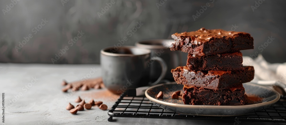 Poster close up of homemade stacked brownies on a plate and a cooling rack accompanied by a mug set against