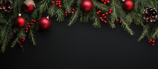 Christmas backdrop featuring holiday decorations on a black background. with copy space image. Place for adding text or design