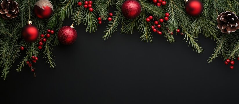 Christmas backdrop featuring holiday decorations on a black background. with copy space image. Place for adding text or design