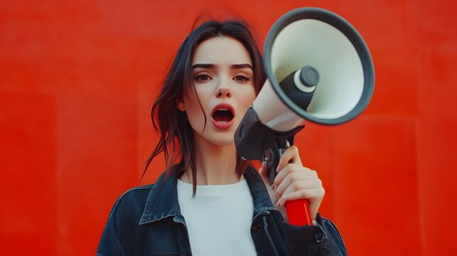 A young woman passionately speaks into a megaphone against a vibrant red backdrop, conveying a sense of urgency and activism. 