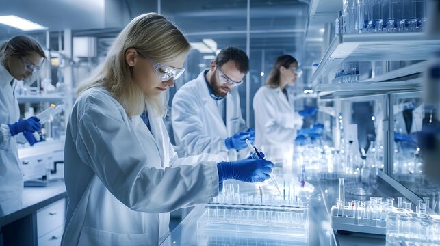 A diverse team of scientists in a modern laboratory conducts research using advanced equipment and glassware, showcasing collaboration and innovation in science.