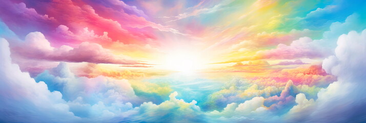 playful watercolor background featuring a vivid rainbow stretching across the sky, leading to a world of color and enchantment.