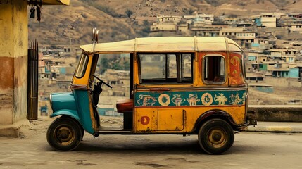 A colorful vintage auto rickshaw stands against a scenic backdrop of hilly, urban landscapes, showcasing vibrant local craftsmanship and culture. 